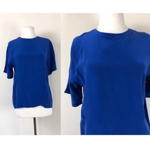 vintage 90s silk cobalt blue boxy blouse tee tshirt 1990s top grunge boho hippie